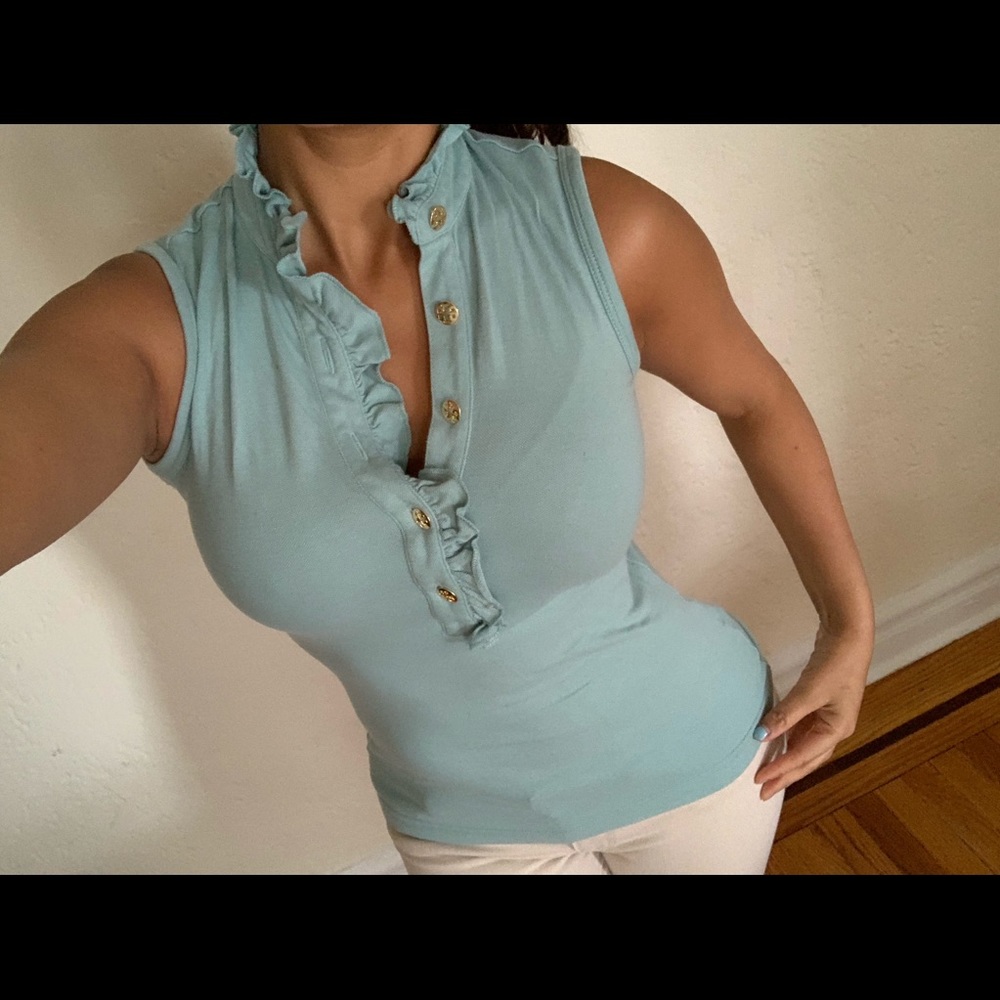 Blue ruffle collar Tory Burch top😍